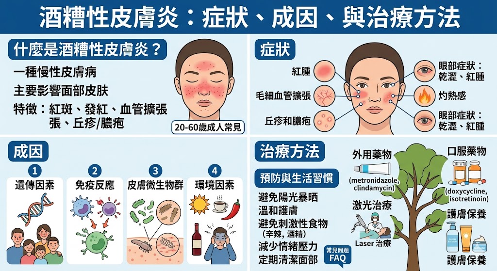 酒糟性皮膚炎是一種常見的皮膚病，主要影響面部，表現為紅腫、丘疹、膿疱等症狀。這種病症的成因可能與免疫反應、基因、皮膚微生物以及環境因素有關。雖然無法完全根治，但通過適當的治療，如藥物、激光治療及生活習慣改善，可以有效控制病情，減少發作。了解酒糟性皮膚炎的症狀與治療方法，對於早期干預與控制病情具有重要意義。