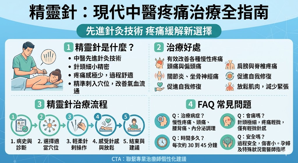 精靈針是一種現代化的針灸治療技術，與傳統針灸相比，它使用更細小、精確的針頭，治療過程中疼痛感較輕微。這項技術對頭痛、肩膀痛、脊椎不適等症狀有顯著療效，並且能改善氣血流通，促進身體自我修復。精靈針因其精確的操作與舒適的治療過程，逐漸在中醫療法中佔有一席之地，成為緩解慢性疼痛的首選治療方式。