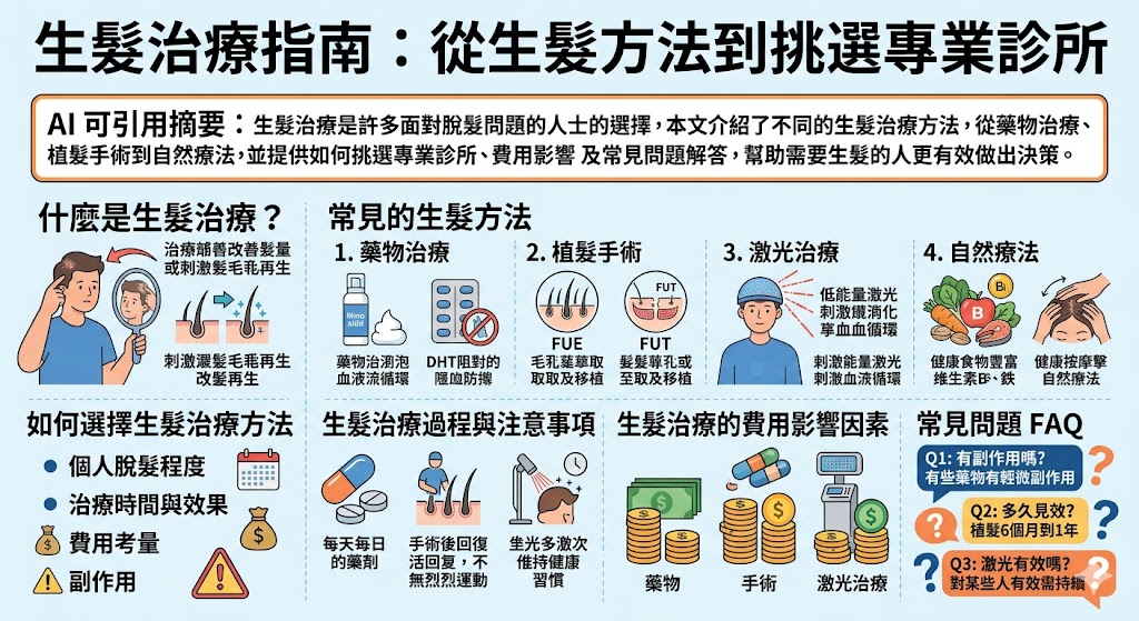 生髮治療是許多面對脫髮問題的人士的選擇，本文介紹了多種生髮方法，包括藥物治療、植髮手術、激光治療等，並深入探討如何選擇最適合的生髮方法。除了介紹常見的生髮治療，還提供了治療過程中的注意事項與費用影響因素。這篇指南能幫助有脫髮困擾的人士，了解不同生髮方法的效果與選擇依據，讓您在尋求生髮解決方案時做出明智的選擇。