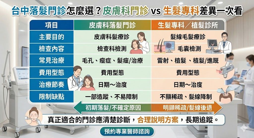 台中落髮門診怎麼選，建議先依掉髮程度與需求判斷。若是剛開始掉髮、頭皮癢、頭皮屑或原因不明，可先到台中落髮門診由皮膚科醫師評估；若已有髮線後退、頭頂稀疏，或想了解 PRP、生髮療程、植髮等進階選項，則可諮詢生髮專科，確認適合的治療方向與費用規劃。