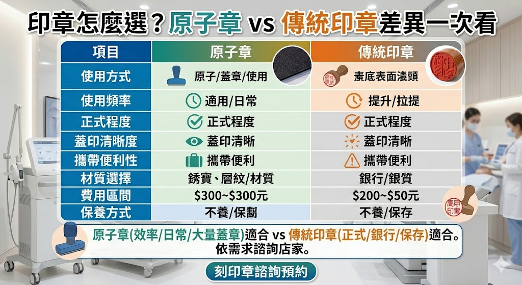 想刻印章卻不知道該選原子章還是傳統印章？本文整理印章種類、印章用途、印章費用、材質差異與適合情境，幫助個人、店家與公司快速判斷適合的印章款式。從個人章、公司章到店章，帶你了解不同印章的優缺點與刻印前注意事項，避免選錯重刻。