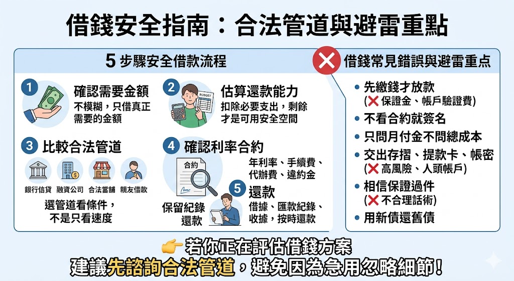 想借錢周轉卻不知道怎麼選才安全？本文整理借錢前必看的合法管道、申請流程、利率費用、合約檢查與常見詐騙風險，幫助你在急需資金時判斷適合自己的借錢方式，避免因為資訊不清或過度急迫而踩雷，並建立更穩定的還款規劃。