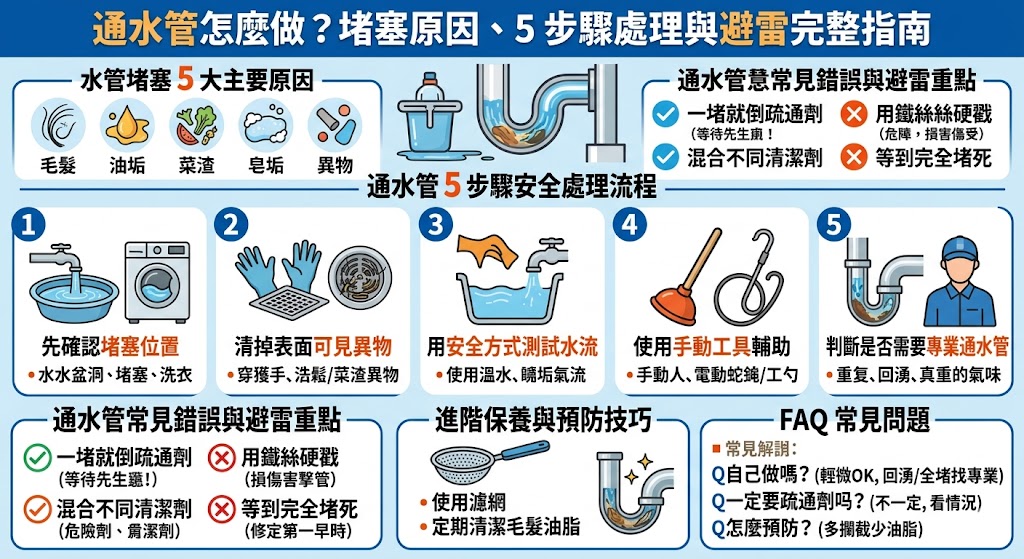 水管不通、排水變慢或浴室地排有異味嗎？本篇通水管指南整理常見堵塞原因、5 步驟處理流程、避雷重點、居家檢查表與日常保養技巧，幫助你判斷何時能自行通水管，何時該找專業人員協助，避免堵塞問題反覆發生。