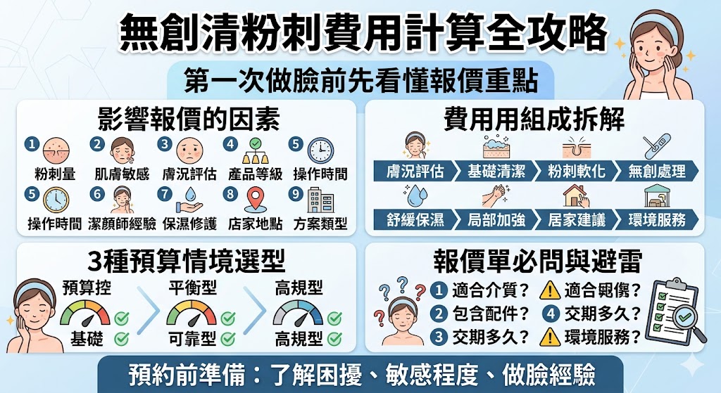 無創清粉刺費用怎麼算?本文整理無創清粉刺常見報價組成、影響價位的因素、不同預算方案與報價單必問重點,幫助第一次做臉的人了解清粉刺流程、是否有隱藏費用、多久做一次較適合,預約前先看懂無創清粉刺價格差異,選擇更符合膚況與預算的店家。