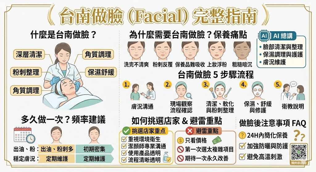 想找台南做臉卻不知道怎麼選?台南做臉不只是清粉刺,也包含深層清潔、保濕舒緩、膚況觀察與日常保養建議。本文整理台南做臉的常見流程、適合族群、保養頻率、價格判斷與挑選店家的注意事項,幫助新手在預約前更清楚了解自己的膚況需求,避免選錯項目或踩雷,找到更適合自己的臉部保養方式。