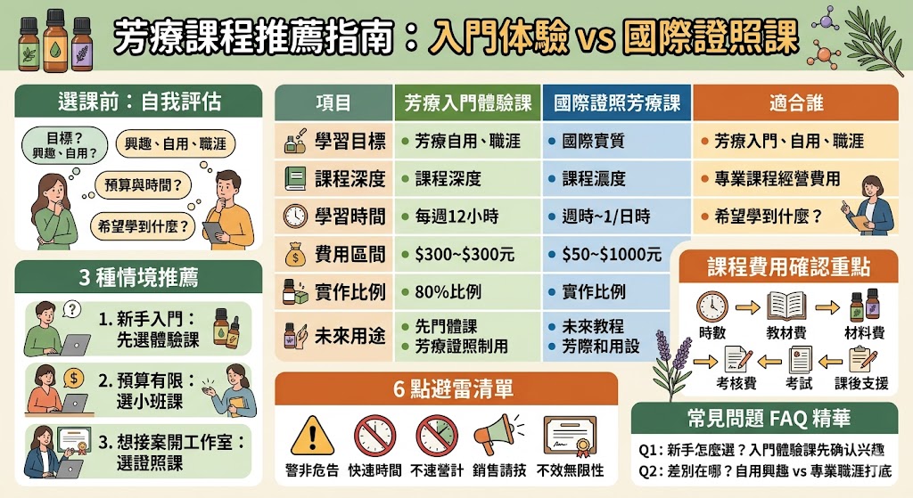 想找適合自己的芳療課程推薦，先從學習目標、課程費用、師資背景與實作內容開始比較。本文整理芳療入門課與國際證照課差異，分析新手、預算有限者與想接案者適合的選課方向，幫你透過芳療課程推薦重點，避開只看價格或證書名稱的選課地雷，找到更符合未來規劃的芳療學習方式。