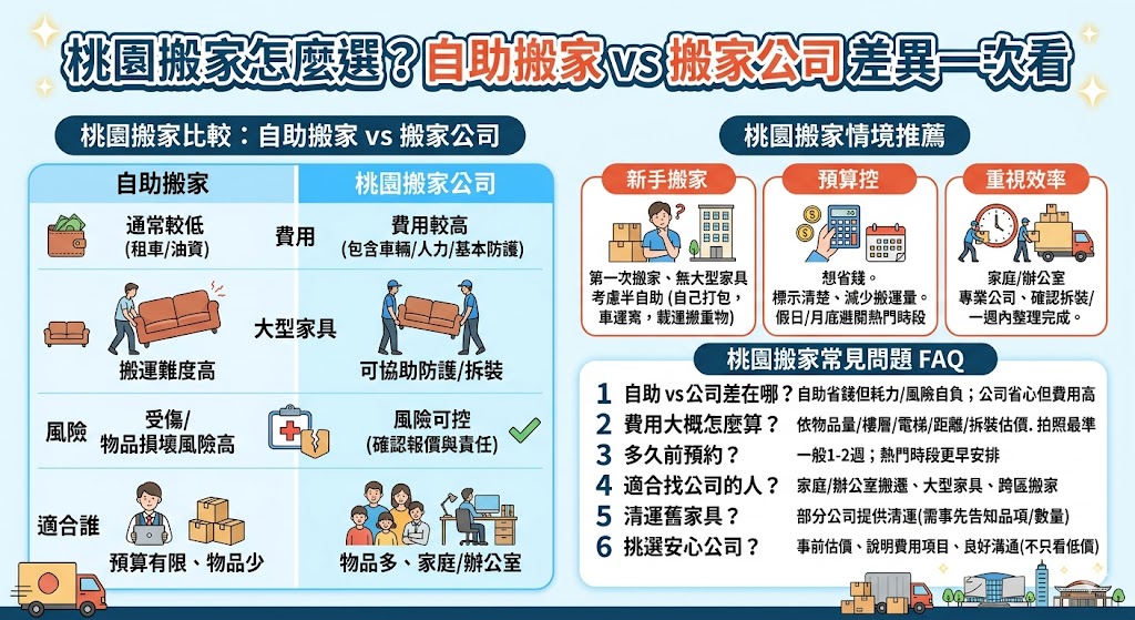 桃園搬家前,建議先確認物品量、樓層、電梯、停車位置與是否需要家具拆裝,才能避免搬家當天臨時加價。本文整理桃園搬家自助搬家與搬家公司差異、費用影響因素、適合族群與避雷重點,幫助你依預算、效率與搬運需求,選出更適合的桃園搬家方式。