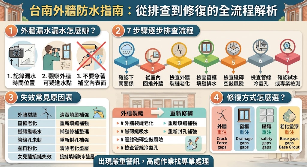 外牆防水出問題時,常見狀況包含牆面滲水、壁癌、油漆剝落、窗框漏水與磁磚縫吸水。本文整理外牆防水常見原因、初步判斷方式、逐步排查流程與修復注意事項,協助屋主先分辨是裂縫、窗框、管線孔或外牆老化造成,再決定是否需要專業施工,避免只補室內表面,導致漏水反覆發生。