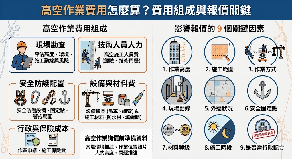 高空作業費用會因施工高度、作業範圍、設備需求、安全防護與材料規格而有所差異。本文整理高空作業報價單常見項目、影響價格的關鍵因素、不同預算情境與詢價必問問題,幫助第一次找高空作業廠商的業主,看懂費用怎麼算並降低追加費用風險。