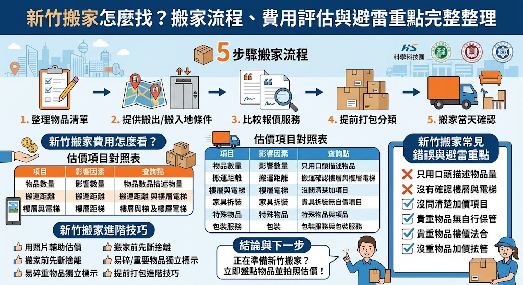 準備新竹搬家前，先了解搬家流程、費用估算與搬家公司挑選重點，能有效降低臨時加價、物品損壞與搬運延誤風險。新竹搬家常見需求包含家庭搬遷、套房搬家、學生搬家、辦公室搬遷與跨縣市搬運，建議事前整理物品清單、確認樓層電梯、停車距離、是否需要家具拆裝與打包服務，再依照報價內容選擇合適的新竹搬家團隊，讓搬家過程更順利。