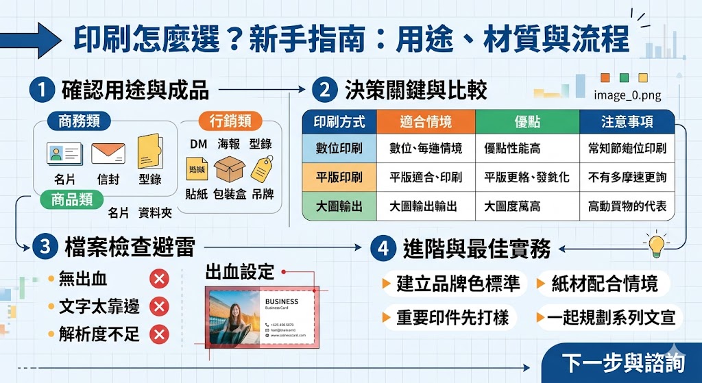 印刷是品牌文宣、商品包裝、活動物料與商業文件中不可或缺的製作方式，從名片、DM、型錄到貼紙、包裝盒，都需要依用途選擇合適的印刷方式、紙材、尺寸與加工。了解印刷流程、檔案規格、出血設定與常見錯誤，能降低重印風險，也能讓成品更符合品牌形象與實際使用需求。