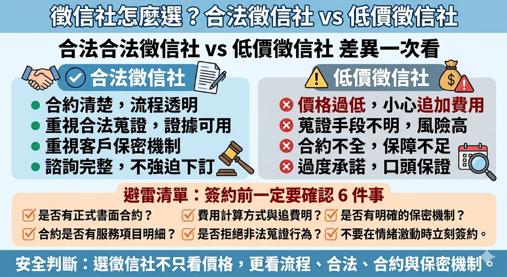 想找徵信社卻不知道怎麼選?本文從合法徵信社與低價徵信社的差異出發,整理徵信社服務項目、費用影響因素、委託流程、適合族群與常見風險,協助你判斷婚姻調查、尋人協尋、工商徵信或債務糾紛等需求該如何評估。選擇徵信社時,不只要比較價格,更要確認合約內容、保密機制、蒐證方式與是否合法合規,避免因低價或過度承諾造成後續爭議,讓委託過程更安全、更有依據。