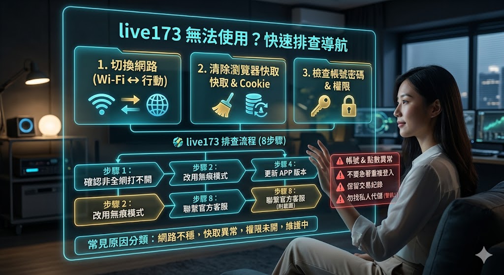 遇到 live173 打不開、無法登入、聊天室連不上或點數異常時，可先檢查網路、瀏覽器快取、APP版本、帳號狀態與付款紀錄。本文整理 live173 常見原因、排查流程與客服處理時機，幫助你快速判斷問題來源並採取正確行動。