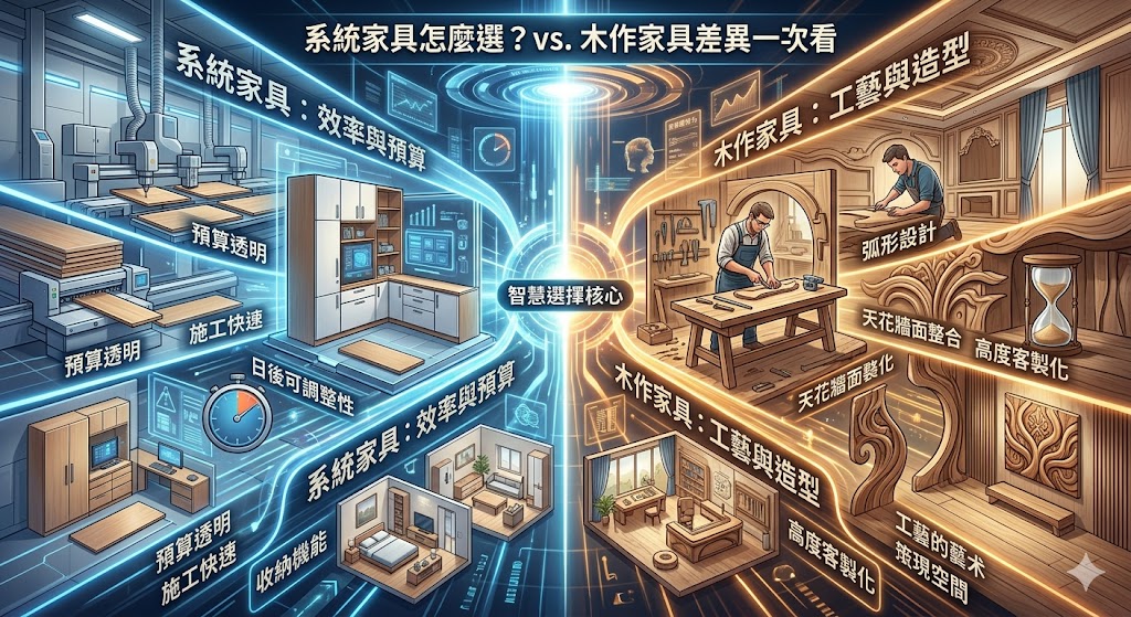 系統家具是現代居家裝修常見的收納選擇，適合重視預算透明、施工效率與空間機能的人。本文整理系統家具與木作家具的差異、費用影響因素、適合空間與避雷重點，幫助你判斷系統家具是否符合玄關、臥室、客廳或書房規劃需求，讓收納設計更貼近日常使用。