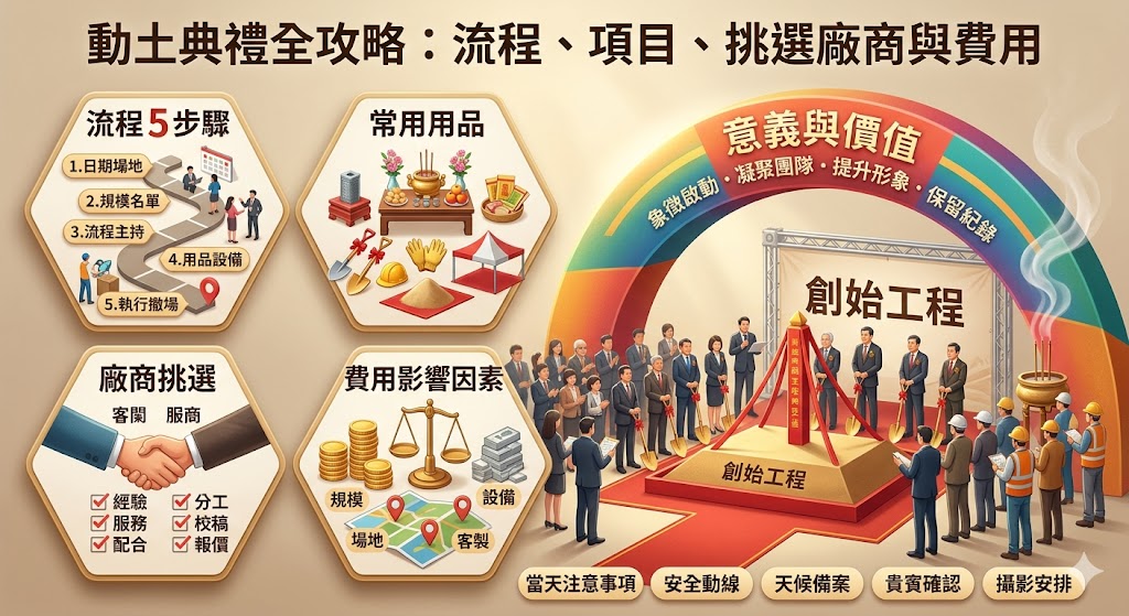 動土典禮是工程開工前常見的重要儀式，適合建案、廠房、辦公大樓、住宅新建、公共工程與大型裝修等場合。完整的動土典禮規劃包含日期確認、場地配置、祭拜用品、司儀流程、貴賓接待、動土儀式、攝影紀錄與撤場安排。本文整理動土典禮流程、費用影響因素、用品準備與廠商挑選重點，協助企業、建設公司與工程單位更有效率完成活動籌備。