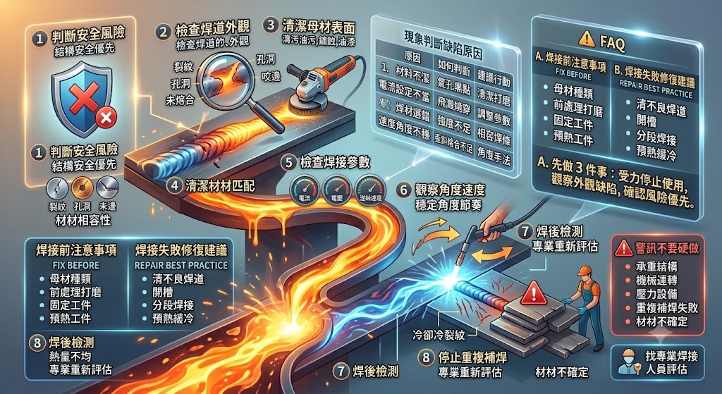 焊接品質會影響金屬結構的穩定度與使用安全，若遇到焊接不牢、焊道裂開、氣孔、變形或反覆脫落等問題，應先從材料清潔、焊接參數、焊材選擇與施工手法逐步排查。本文整理焊接常見原因、判斷方式、修復建議與需要找專業人員的警訊，協助你快速判斷問題方向，避免反覆補焊造成更高風險。